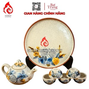 Bộ Ấm Chén Bàn Thờ Men Rạn Đắp Nổi Thọ Đào 231129