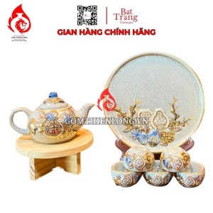 Bộ Ấm Chén Bàn Thờ Men Rạn Đắp Nổi Vẽ Vàng Thọ Đào 231130