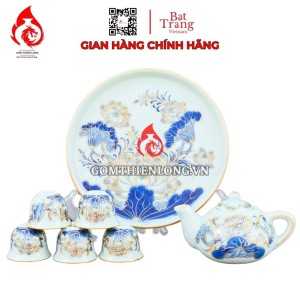 Bộ Ấm Chén Bàn Thờ Men Xanh Lam Vẽ Vàng Hoa Sen 231128