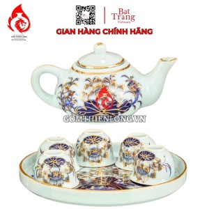 Bộ Ấm Chén Bàn Thờ Men Xanh Lam Ngọc Vẽ Vàng Hoa Sen 231132