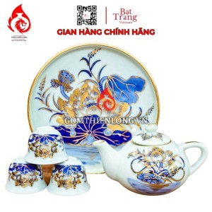 Bộ Ấm Chén Bàn Thờ Men Lam Vẽ Vàng Hoa Sen 231141