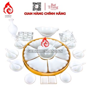 Bộ Bát Đĩa Hoa Mặt Trời Men Trắng Viền Vàng 24k 240102