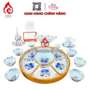 Bộ Bát Đĩa Hoa Mặt Trời Men Lam Ngọc Vẽ Vàng 231220