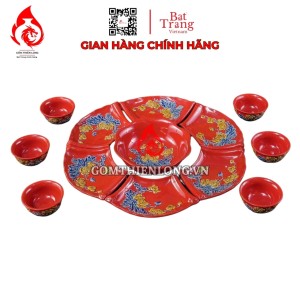 Bộ Bát Đĩa Hoa Mặt Trời Men Màu Đỏ Đắp Nổi Hoa Sen 240107