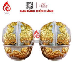 Bộ Bát Cơm Thờ Cúng Bát Tràng Men Rạn Đắp Nổi Dát Vàng Hoa Sen 231163
