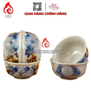 Bộ Bát Cơm Thờ Cúng Bát Tràng Men Rạn Đắp Nổi Thọ Đào 231149