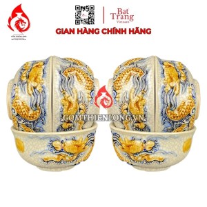 Bộ Bát Cơm Thờ Cúng Bát Tràng Men Rạn Đắp Nổi Rồng 231150