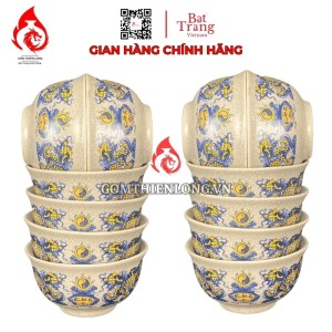 Bộ Bát Cơm Thờ Cúng Bát Tràng Men Rạn Vẽ Long Chầu Nguyệt 231155