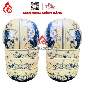 Bộ Bát Cơm Thờ Cúng Bát Tràng Men Rạn Vẽ Hoa Sen 231159