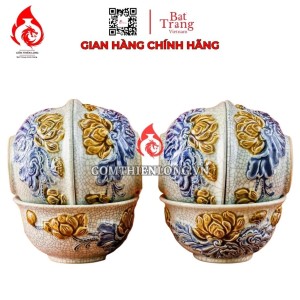 Bộ Bát Cơm Thờ Cúng Bát Tràng Men Rạn Đắp Nổi Hoa Sen 231161