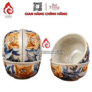 Bộ Bát Cơm Thờ Cúng Bát Tràng Men Rạn Đắp Nổi Hoa Sen 231148