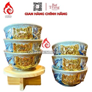 Bộ Bát Cơm Thờ Cúng Bát Tràng Men Rạn Đắp Nổi Vẽ Vàng Hoa Sen 231153