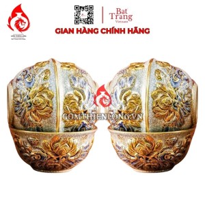Bộ Bát Cơm Thờ Cúng Bát Tràng Men Rạn Đắp Nổi Vẽ Vàng Hoa Sen 231162