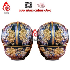 Bộ Bát Cơm Thờ Cúng Bát Tràng Men Xanh Tím Đắp Nổi Vẽ Vàng Hoa Sen 231164