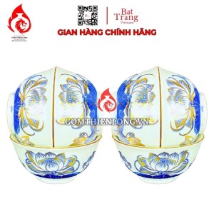 Bộ Bát Cơm Thờ Cúng Bát Tràng Men Xanh Lam Vẽ Vàng Hoa Sen 231144