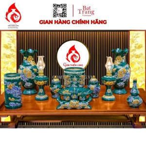 Bộ Đồ Thờ Bát Tràng Màu Xanh Lục Bảo Đắp Nổi 240101