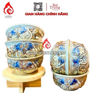 Bộ Bát Cơm Thờ Cúng Bát Tràng Men Rạn Đắp Nổi Vẽ Vàng Thọ Đào 231152