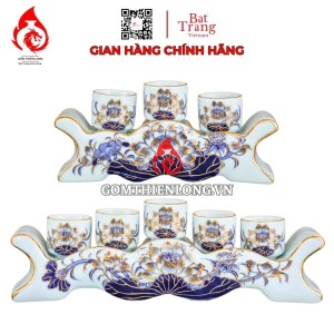 Bộ Kỷ Chén Thờ Men Lam Ngọc Vẽ Vàng Hoa Sen 231049