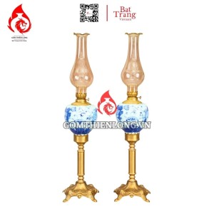 Đèn Dầu Thờ Bát Tràng Cỡ Đại Chân Đồng Men Lam Hoa Sen 230154