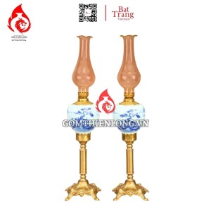 Đèn Dầu Thờ Bát Tràng Cỡ Đại Chân Đồng Men Lam Sơn Thủy 230155