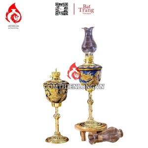 Đèn Dầu Thờ Bát Tràng Chân Đồng Khắc Nổi Rồng Phượng 230147