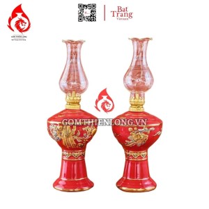 Đèn Dầu Thờ Bát Tràng Màu Đỏ Vẽ Vàng 230178