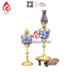 Đèn Dầu Thờ Bát Tràng Chân Đồng Vẽ Vàng Long Chầu Nguyệt 230146