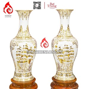 Lộc Bình Bát Tràng Vẽ Vàng Hoàng Kim Nhị Cảnh 230130