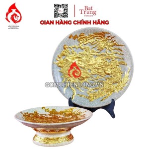Mâm Bồng Sứ Bát Tràng Men Rạn Đắp Nổi Dát Vàng Rồng Phượng 231124
