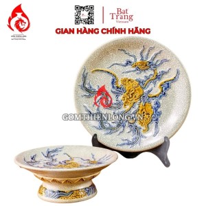 Mâm Bồng Sứ Bát Tràng Men Rạn Đắp Nổi Phượng Đào 231115