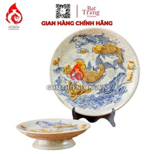 Mâm Bồng Sứ Bát Tràng Men Rạn Đắp Nổi Sen Cá 231116