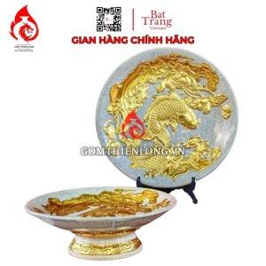 Mâm Bồng Sứ Bát Tràng Men Rạn Đắp Nổi Dát Vàng Sen Cá 231121