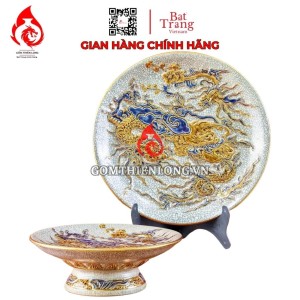 Mâm Bồng Sứ Bát Tràng Men Rạn Đắp Nổi Vẽ Vàng Rồng Phượng 231118