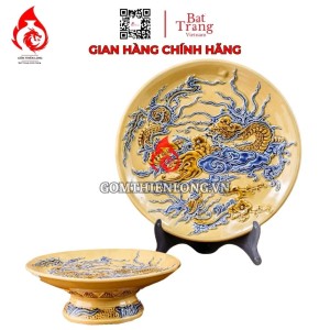 Mâm Bồng Sứ Bát Tràng Men Vàng Hoàng Tộc Đắp Nổi Rồng Phượng 231113