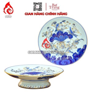 Mâm Bồng Sứ Bát Tràng Men Lam Vẽ Vàng Hoa Sen 231109