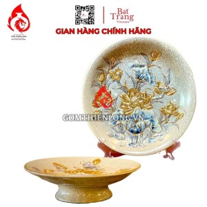 Mâm Bồng Sứ Men Rạn Đắp Nổi Vẽ Vàng Hoa Sen 231111