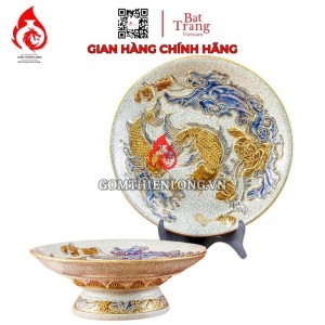 Mâm Bồng Sứ Bát Tràng Men Rạn Đắp Nổi Vẽ Vàng Sen Cá 231117