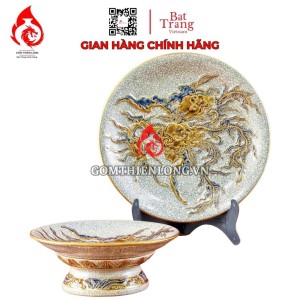 Mâm Bồng Sứ Bát Tràng Men Rạn Đắp Nổi Vẽ Vàng Phượng Đào 231120