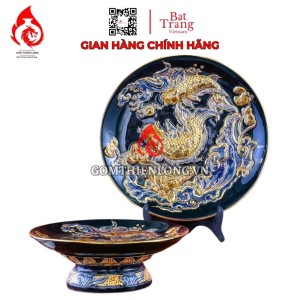 Mâm Bồng Sứ Bát Tràng Men Xanh Tím Đắp Nổi Vẽ Vàng Sen Cá 231125