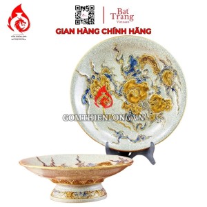 Mâm Bồng Sứ Bát Tràng Men Rạn Đắp Nổi Vẽ Vàng Long Ẩn 231119