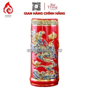 Ống Đựng Nhang Bằng Sứ Men Đỏ Vẽ Vàng Hoa Sen 231105