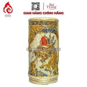 Ống Đựng Nhang Bát Tràng Men Rạn Đắp Nổi Vẽ Vàng Long Cuốn Thủy 231081