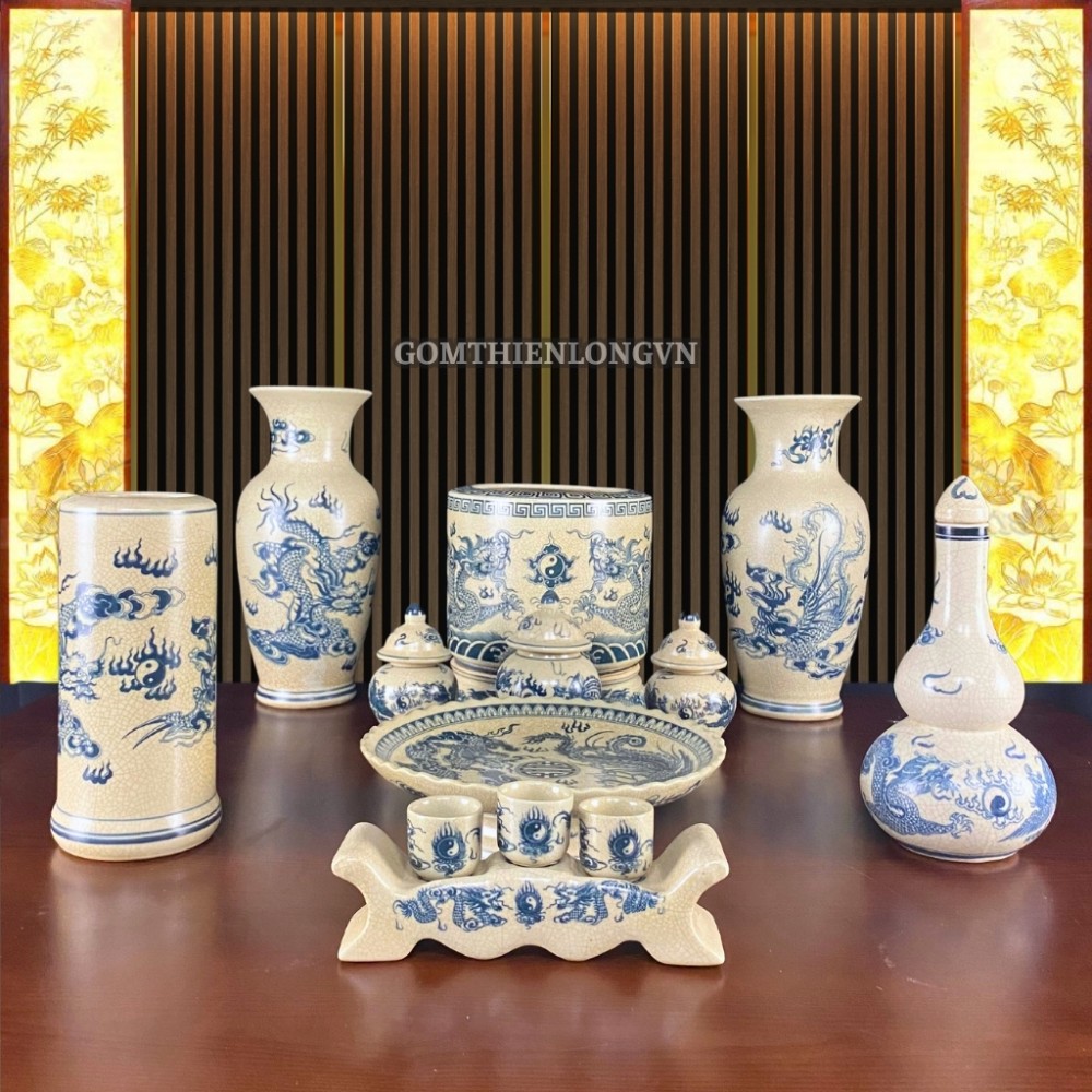 Bộ Đồ Thờ Bát Tràng Men Rạn Vẽ Rồng Phượng 236987