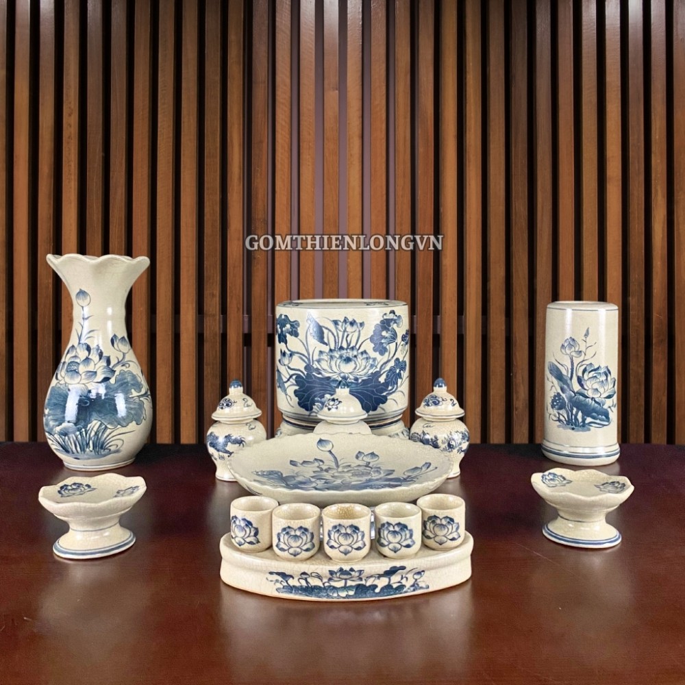 Bộ Đồ Thờ Bát Tràng Men Rạn Vẽ Hoa Sen 236990