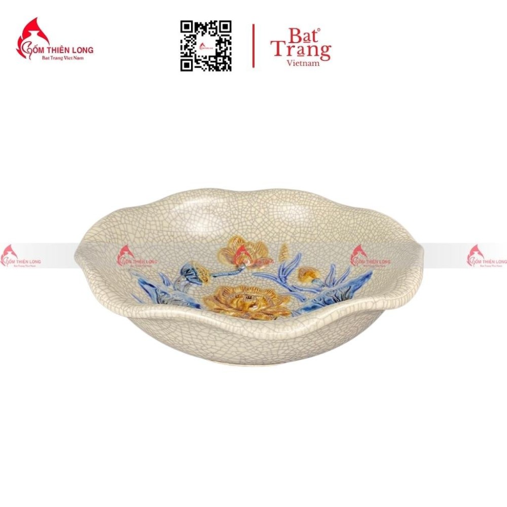 Bộ Bát Đĩa Thắp Hương Men Rạn Đắp Nổi Sen 010623
