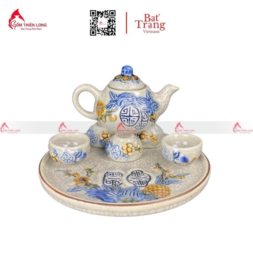 Bộ Bát Đĩa Thắp Hương Men Rạn Đắp Nổi Sen 010623