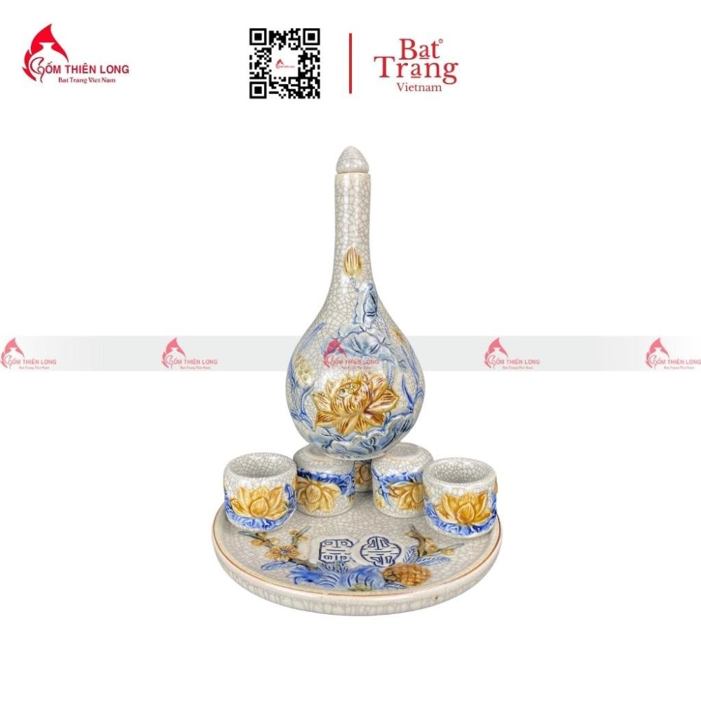 Bộ Bát Đĩa Thắp Hương Men Rạn Đắp Nổi Sen 010623