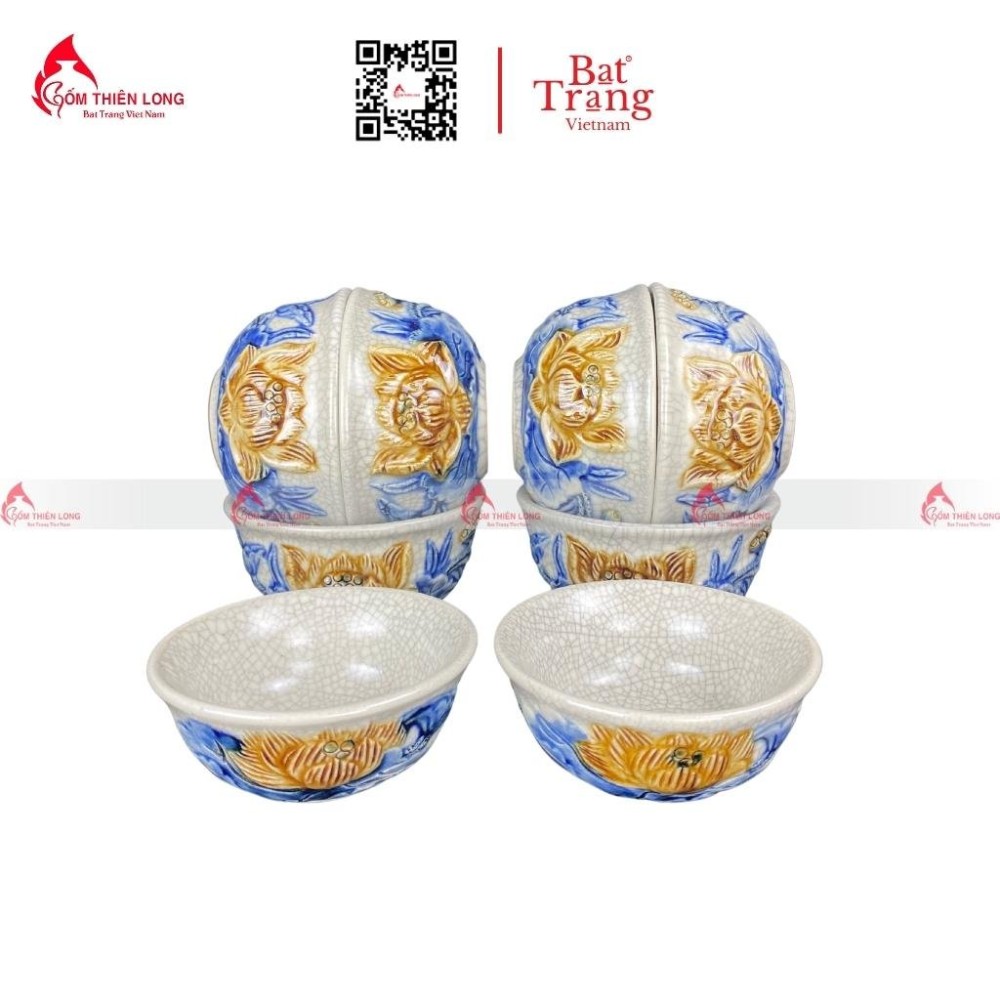 Bộ Bát Đĩa Thắp Hương Men Rạn Đắp Nổi Sen 010623
