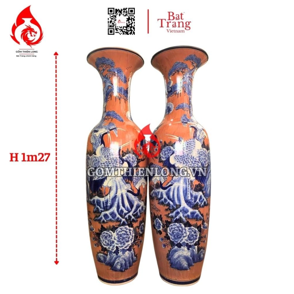 Lộc Bình Bát Tràng Tùng Hạc Nền Cam 230113