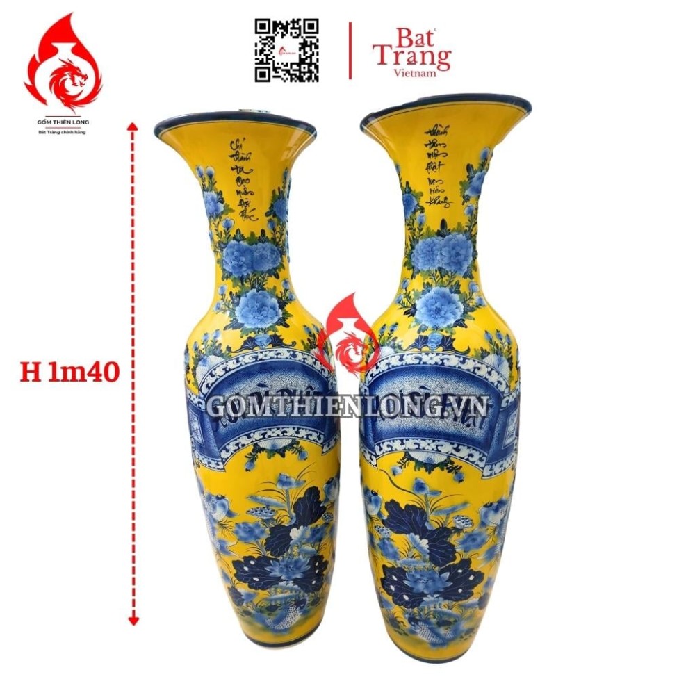 Lộc Bình Bát Tràng Cá Chép Hoa Sen Màu Vàng 230114